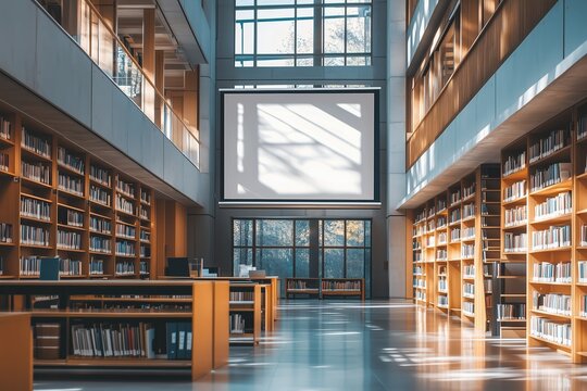 Modern interactive screen mock-up in a public library during daytime