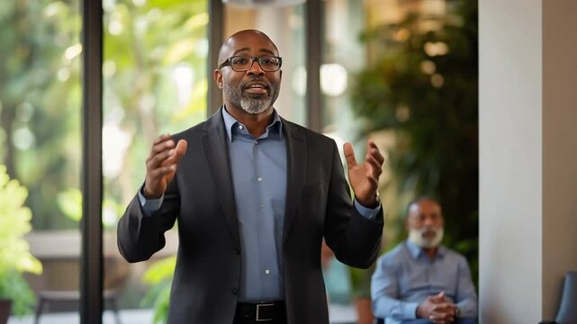 An engaging business presentation is delivered by an intriguing African American man.
