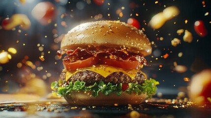 A vibrant burger showcasing juicy layers of beef, fresh lettuce, melted cheese, and ripe tomato, all captured in dynamic motion to emphasize its delicious appeal.