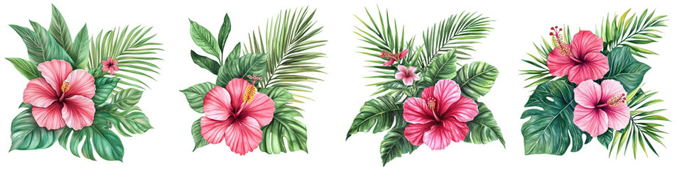 Vibrant tropical floral arrangement featuring pink hibiscus flowers lush green palm leaves and other exotic foliage  This beautiful natural composition evokes a sense of paradise summer