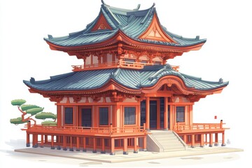 Obraz premium Traditional Japanese Temple Architecture with Curved Roof and Wooden Structure