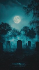 Chilling Graveyard Scene Under the Full Moon