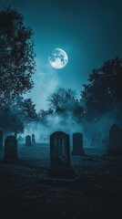 Chilling Graveyard Scene Under the Full Moon