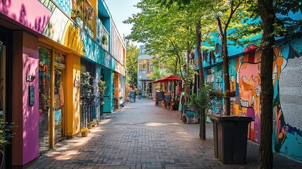 Fototapeta premium Colorful Urban Walkway with Street Art Murals