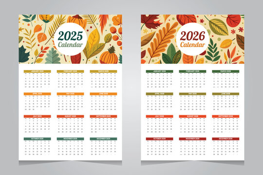 2025 and 2026 calendar design with floral leaves background