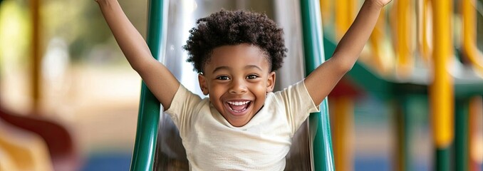 Obraz premium Happy child enjoying a slide at the playground, joyful expression and playful atmosphere.