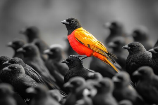 A vibrant bird above a flock of dark-colored birds, representing leadership, standing out, and being different in a competitive world
