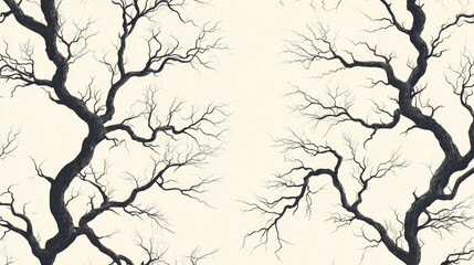 Fototapeta premium A seamless pattern with black silhouettes of bare tree branches on a cream background.