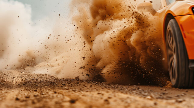 high speed collision between two cars creates dramatic scene with dust and debris flying. intense action captures thrill and danger of racing