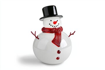 Traditional glass ornament shaped like a snowman, complete with a red scarf and black hat, showcasing holiday cheer