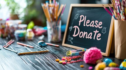 In an inviting art studio, various art supplies such as pencils, yarn, and paper are creatively scattered across a table, complemented by a chalkboard sign urging Please Donate to support artistic .
