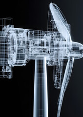 Detailed Wireframe of Offshore Wind Turbine Components – Mechanical Blueprint View