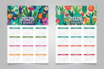 Calendar 2025 and 2026 design template with cactus and flower background