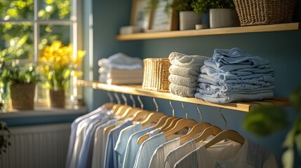 Neatly arranged clothes and towels in a cozy, well-lit space.