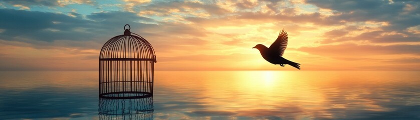 Naklejka premium Bird Soaring into the Sunset Sky Over Calm Ocean Waters with Empty Cage Symbolizing Freedom and New Beginnings