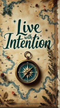 Live With Intention: Vertical Video of Antique Map and Compass Symbolizing Purpose, Direction, and Mindfulness
