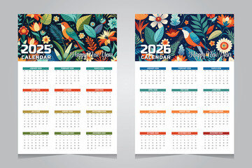 Calendar 2025 and 2026 design template with colorful floral background