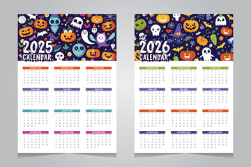 Calendar 2025 and 2026 design template halloween theme background