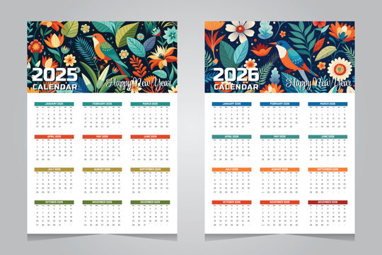 Calendar 2025 and 2026 design template with colorful floral background