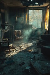 Sunlight Streaming Through Window Illuminates Abandoned Room with Dust Particles and Vintage Furniture in a Forgotten House