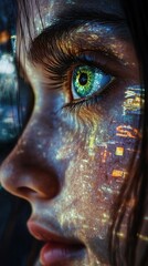 Closeup Portrait of Woman with City Lights Reflected in Her Eyes