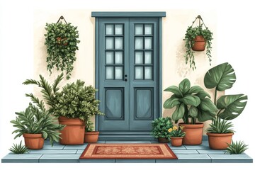 Blue Door Front Porch With Plants And Doormat