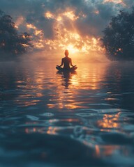 Serene Meditative Figure Floating Above Calm Ocean