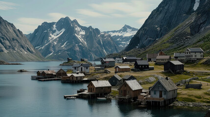 Fototapeta premium Aerial view of Lofoten fishing huts on stilts along serene fjord, surrounded by majestic mountains and clear skies, creating picturesque and tranquil landscape