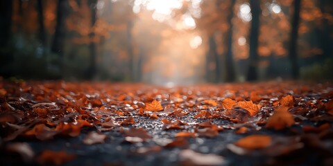 Obraz premium A serene autumn path covered in fallen orange leaves, illuminated by soft morning light.
