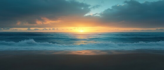 Fototapeta premium A serene beach scene at sunset with waves gently lapping the shore under a colorful sky.