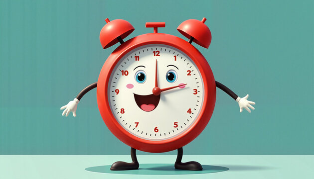  Smiling cartoon alarm clock character on teal background