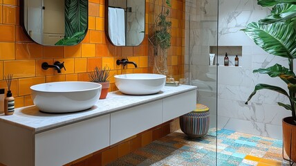 Modern bathroom design with vibrant tiles and elegant fixtures.