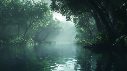 Obraz premium Mystical River in a Foggy Forest