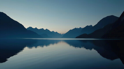 Fototapeta premium serene landscape featuring mountains reflecting off calm waters at dusk, creating tranquil atmosphere. soft hues of blue and stillness evoke sense of peace and natural beauty