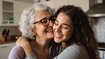 Fototapeta premium Happy senior woman hugged and kissed by her daughter.