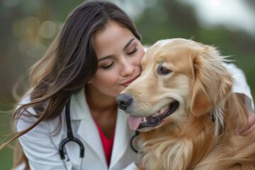 A compassionate female veterinarian with long dark hair embracing a happy golden retriever, both enjoying a peaceful outdoor setting on a sunny day