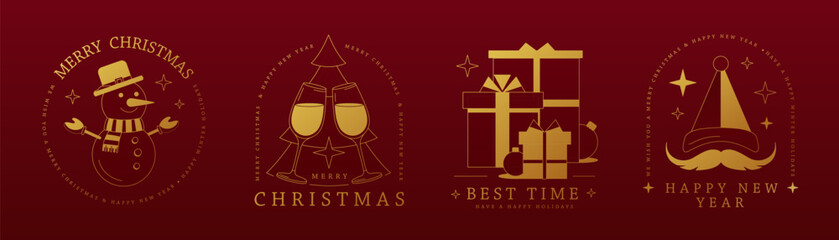 Set of modern Merry Christmas and Happy New Year line art logo, label or emblem design with snowman, Santa Claus, gift boxes and chapmagne glasses. Vector illustration