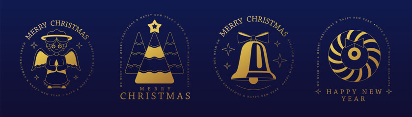 Set of modern Merry Christmas and Happy New Year line art logo, label or emblem design with angel, Christmas tree, wreath and jingle bell. Vector illustration
