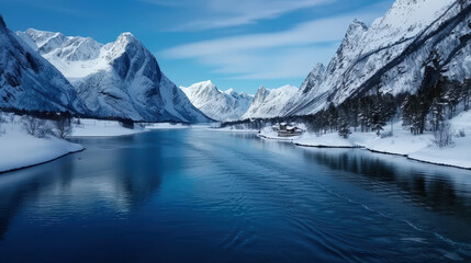Breathtaking view of Lofoten Islands featuring towering peaks, serene river, and snow covered landscapes. tranquil scene evokes sense of peace and natural beauty