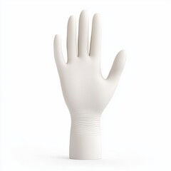 Obraz premium A clean, white disposable glove displayed upright, showcasing its smooth surface and finger structure, commonly used in medical and hygiene settings.