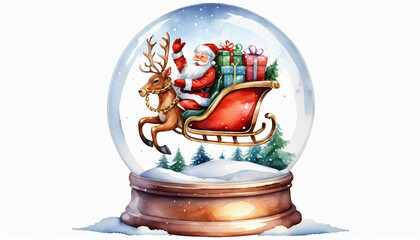 Santa Claus waves from sleigh inside festive snow globe
