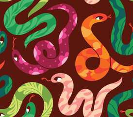 Tropical snakes isolated on brown seamless pattern.