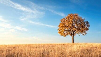 Fototapeta premium Lonely tree on a golden field under a bright blue sky.