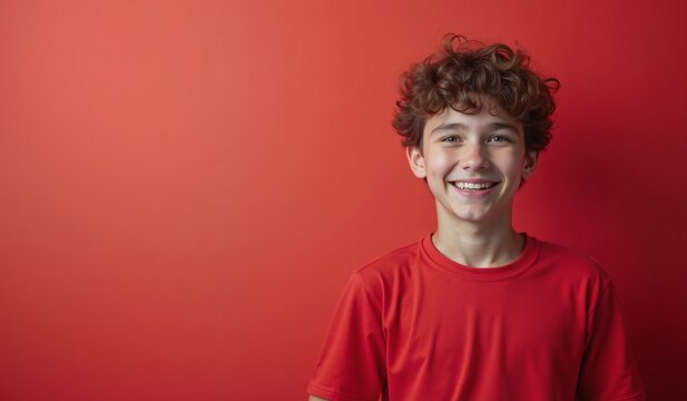Cheerful Young Boy Smiling Brightly Against Red Background with Copy Space