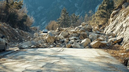 A massive rockslide has completely obstructed a narrow mountain road, leaving two cars stranded amidst a picturesque backdrop of towering trees and cliffs