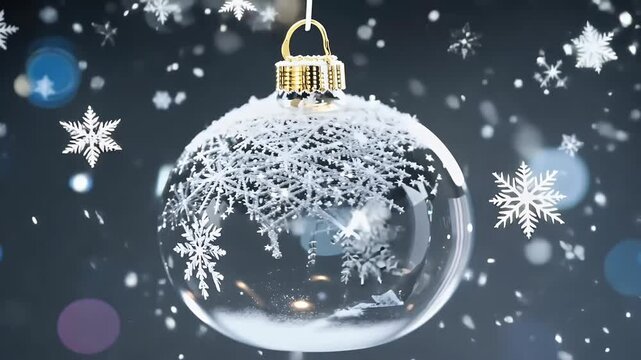 stunning animation features empty snow globe decoration dark background beautifully capturing essence winter falling twinkling star effects 4K footage ball snowball christmas snowfall snowflake