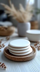White Coasters on Wooden Plate with Dried Flowers