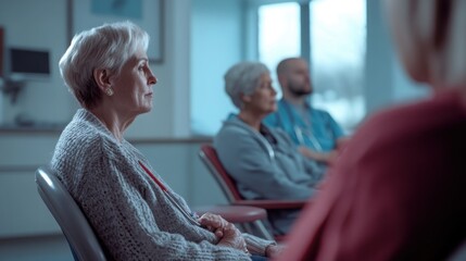 Fototapeta premium Front view of a patienta??s family member sitting beside them during chemotherapy, offering support