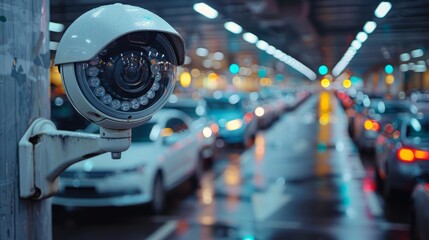 Obraz premium A high-tech surveillance camera monitors a bustling parking garage filled with parked cars, reflecting colorful lights from the rain-soaked floor