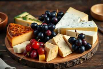 Different types of cheese with black grapes.